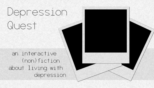 Page d'accueil du jeu Depression Quest. Le fond de l'image est gris clair avec une texture neigeuse ou embrumée. En plus du titre et du sous-titre ("an interactive (non)fiction about living with depression"), il y a trois grands clichés de polaroïd mais sans images, juste un carré noir à la place.