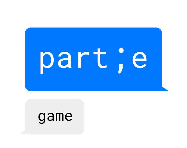 Couverture de partie. Le titre, "partie", est écrit noir sur fond blanc. La police d'écriture utilisée est carrée pour faire penser à celle des machines à écrire. La lettre "i" de partie est remplacée par un point-virgule pour faire allusion au projet semicolon (qui signifie point-virgule en anglais).