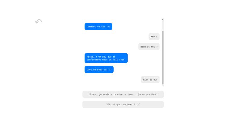 Discussion entre deux personnes imitant le style d'une application de messagerie instantanée avec des bulles bleues et grises sur fond blanc. Retranscription du dialogue entre le joueur et la joueuse et sa sœur fictive dans le jeu.
