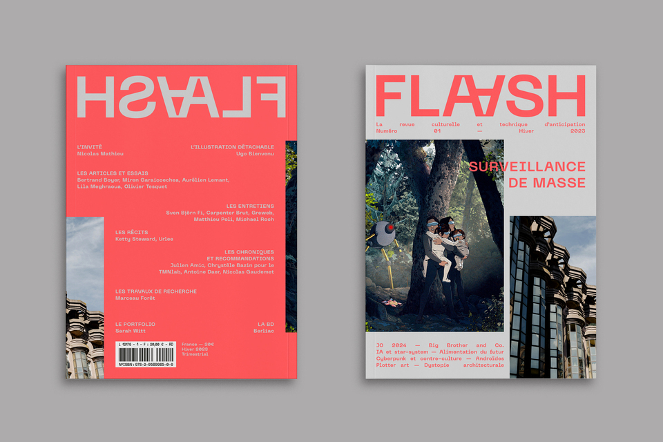 Couverture recto-verso à plat du premier numéro de la revue FLAASH. Le thème est la surveillance de masse.