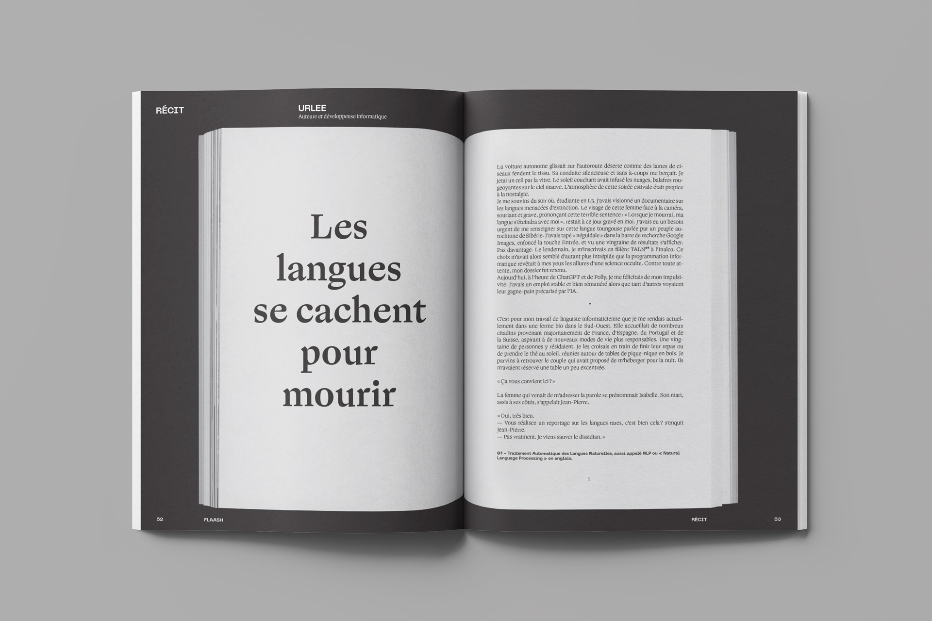 Photo prise du dessus de la nouvelle intitulée Les langues se cachent pour mourrir en pleine page dans la revue Flaash.