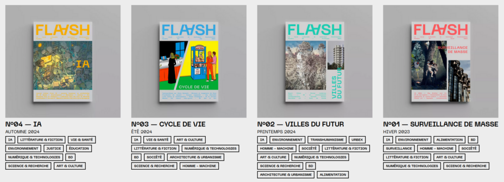 Numéros 1 à 4 de la revue FLAASH. Les couvertures sont alignées par ordre chronologique inversé.