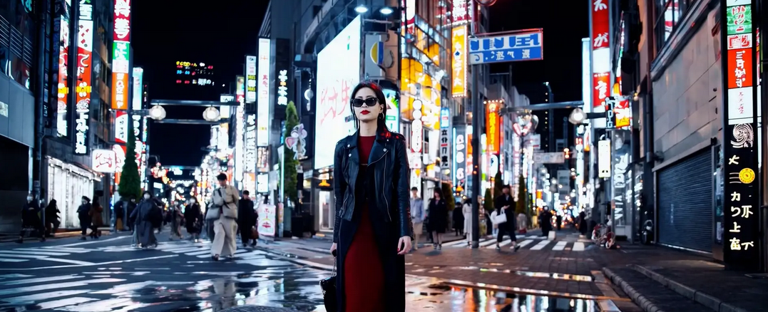 Une femme asiatique en robe rouge et veste en cuir marche dans les rues de Tokyo de nuit. Elle porte des lunettes noires et du rouge à lèvres rouge vif. Sa démarche est assurée. Les néons des enseignes publicitaires se reflètent dans les flaques de pluie parsemant le sol.